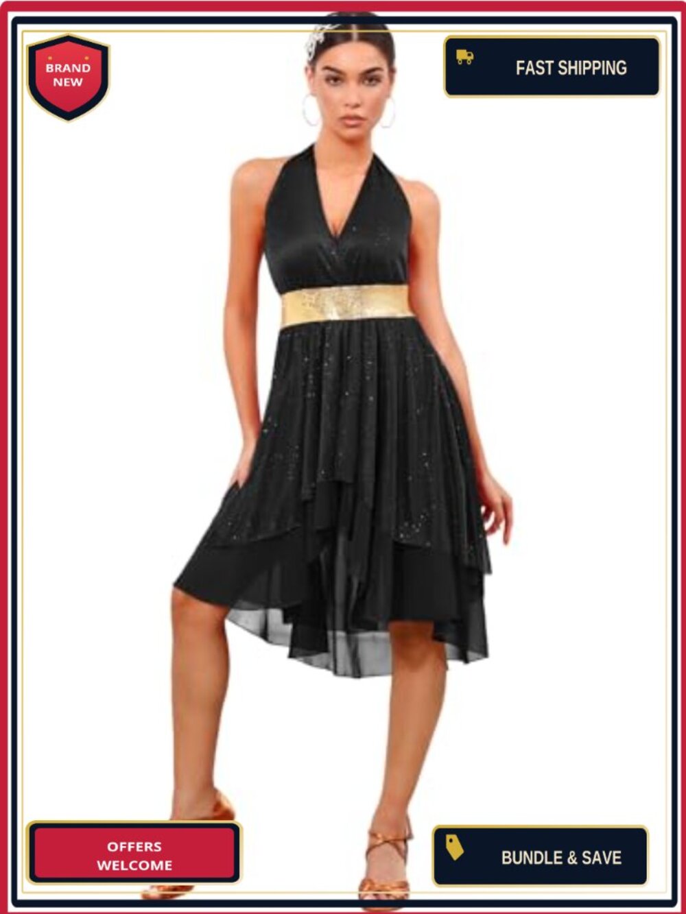 Women's Lyrical Dance Costume Halter V-Neck Open Back Shiny Asymmetric Flowy